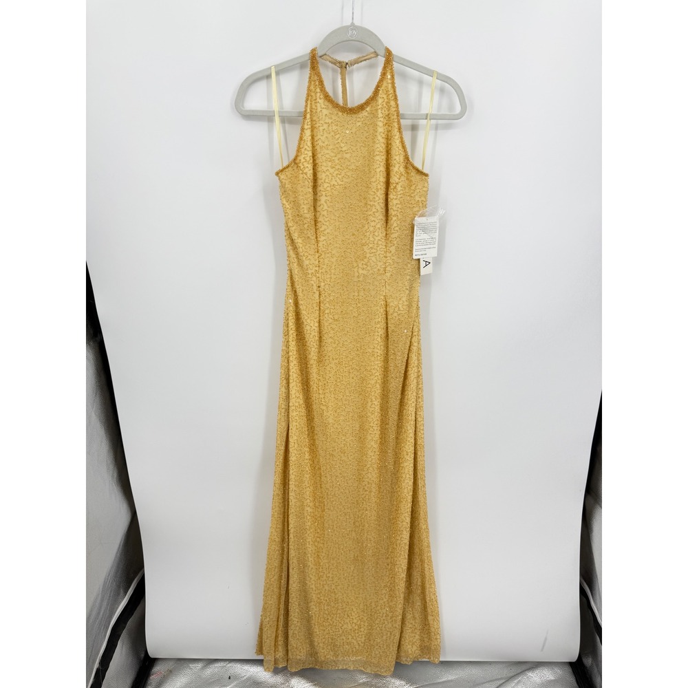 Scala 47815L Beaded Silk Halter Gown Women Size M Yellow Gold Open Back Formal - Picture 2 of 12